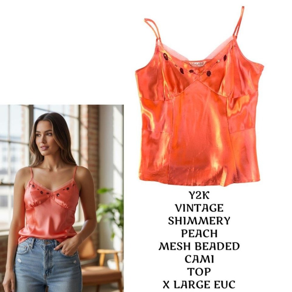 Y2K VINTAGE SHIMMERY PEACH‎ BEADED SATINY CAMI TOP X LARGE EUC